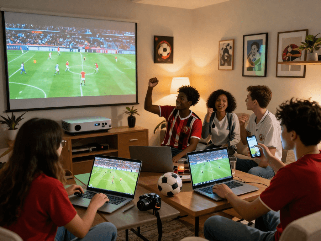 Fans enjoying rakhoi tv streaming a live soccer match while celebrating a goal.